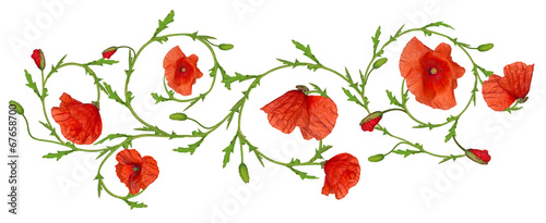 Naklejka ścienna red poppy flower ornament strip isolated on white