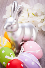 Easter Still Life With A Silver Bunny And Eggs