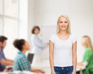 Poster - smiling woman in blank white t-shirt