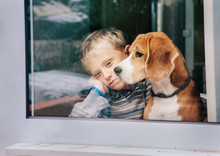 Sorrow Little Boy With Best Friend Looking Through Window