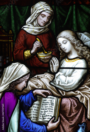 Naklejka nad blat kuchenny Taking care of a sick child in stained glass