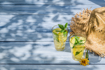 Cold drink with lemon and mint leaf as summer background