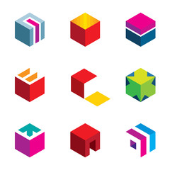 puzzle cube maze box arrow symbol success logo icon set