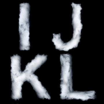 Letters made of smoke, I J K L, isolated on black