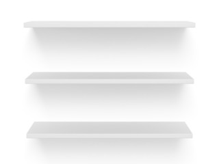 3D three empty blank shelves on white