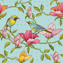 Vintage Seamless Background - Flowers And  Birds