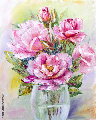 Obraz w ramie Roses bouquet in glass vase
