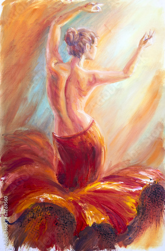 Naklejka dekoracyjna Beautiful dancing woman in red. Oil painting.