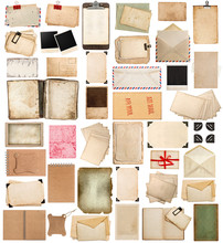 Aged Paper Sheets, Books, Pages And Old Postcards Isolated On Wh