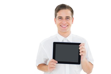 Poster - Geeky businessman showing his tablet pc