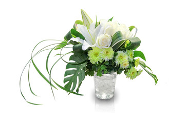 Bouquet of flowers in a vase on white background