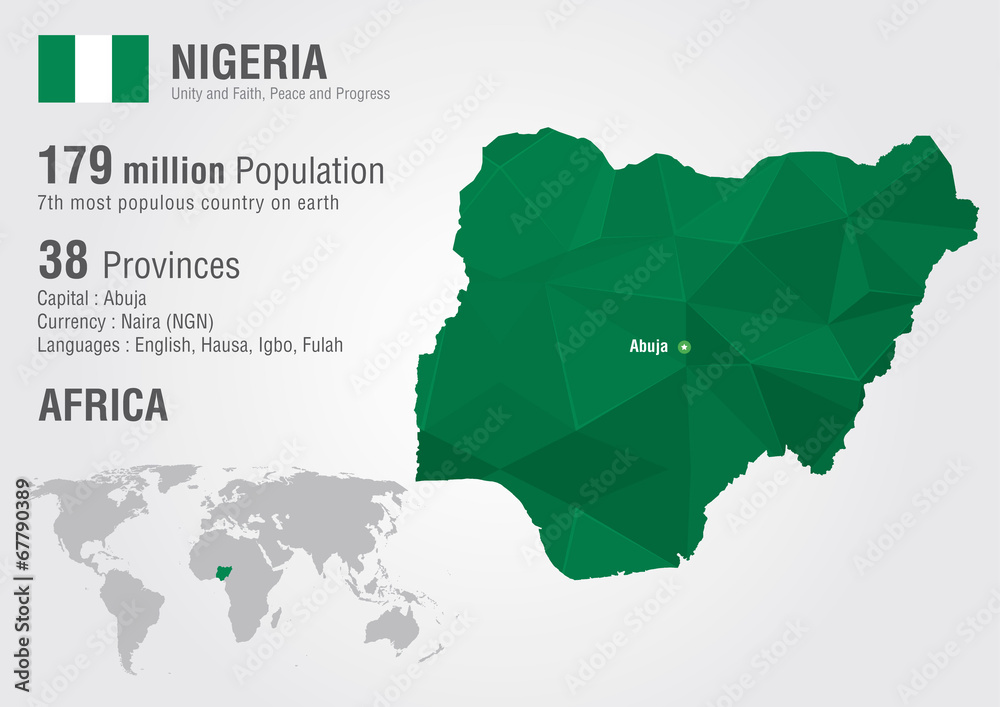 Nigeria world map with a pixel diamond texture. - obrazy, fototapety, plakaty 