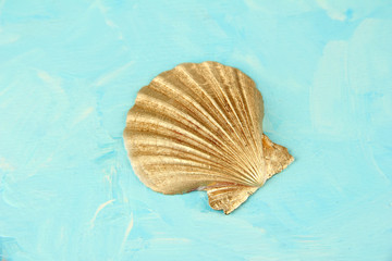 Colorful seashell on color wooden background