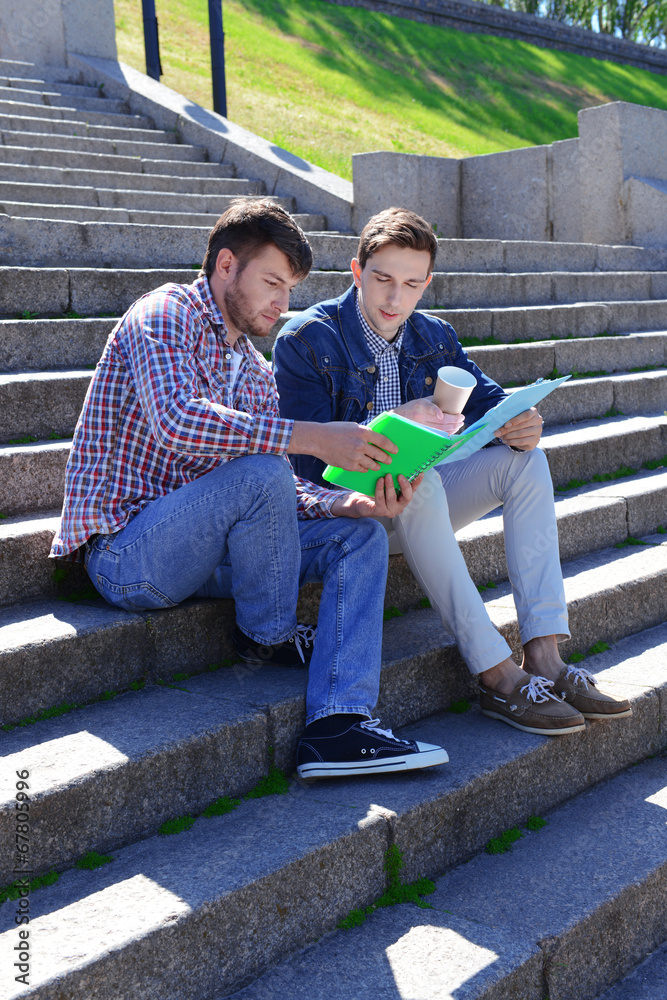 Happy students sitting on stairs in park