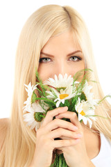 Poster - Young beautiful woman with flowers isolated on white