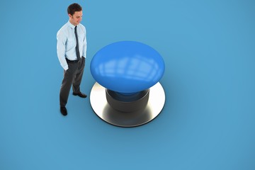 Poster - Happy businessman standing with blue button