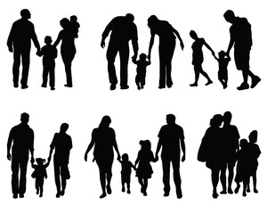 Wall Mural - Black silhouettes of families in walking, vector