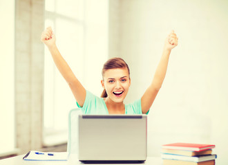 Poster - happy student girl with laptop at school