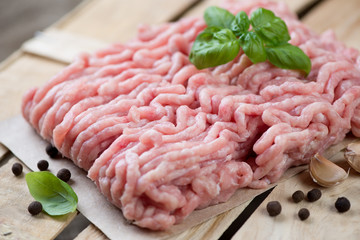 Wall Mural - Close-up of minced turkey meat with pepper, basil and garlic