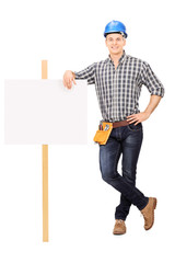 Sticker - Male repairman leaning on a blank banner