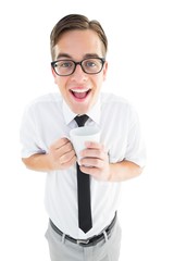 Poster - Geeky businessman holding a mug