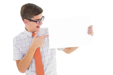 Poster - Geeky hipster smiling and showing card