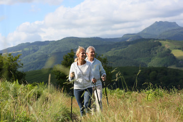 Wall Mural - Senior people hiking in beautiful natural landscape