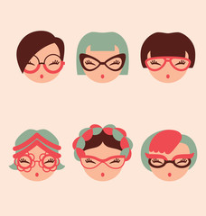 Wall Mural - fashion girls in glasses icon set vector illustration