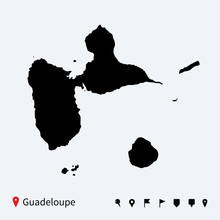 High Detailed Vector Map Of Guadeloupe With Navigation Pins.