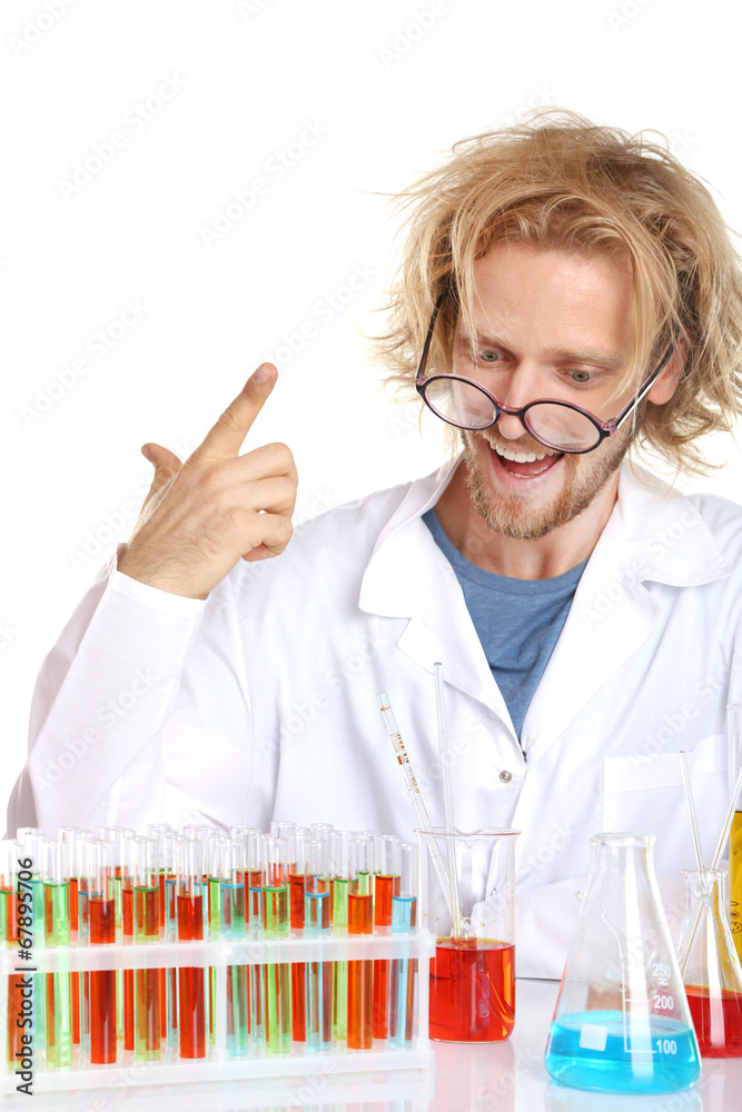 Crazy scientist working with tubes isolated on white