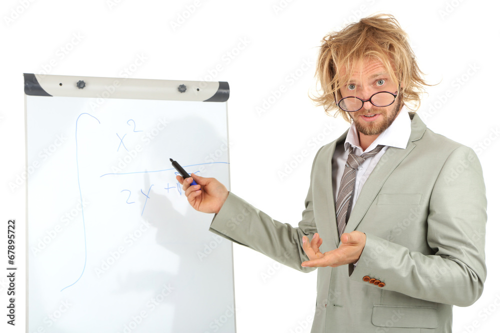 Funny doctor with board isolated on white