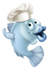 Wall Mural - Cartoon fish wearing a chef hat