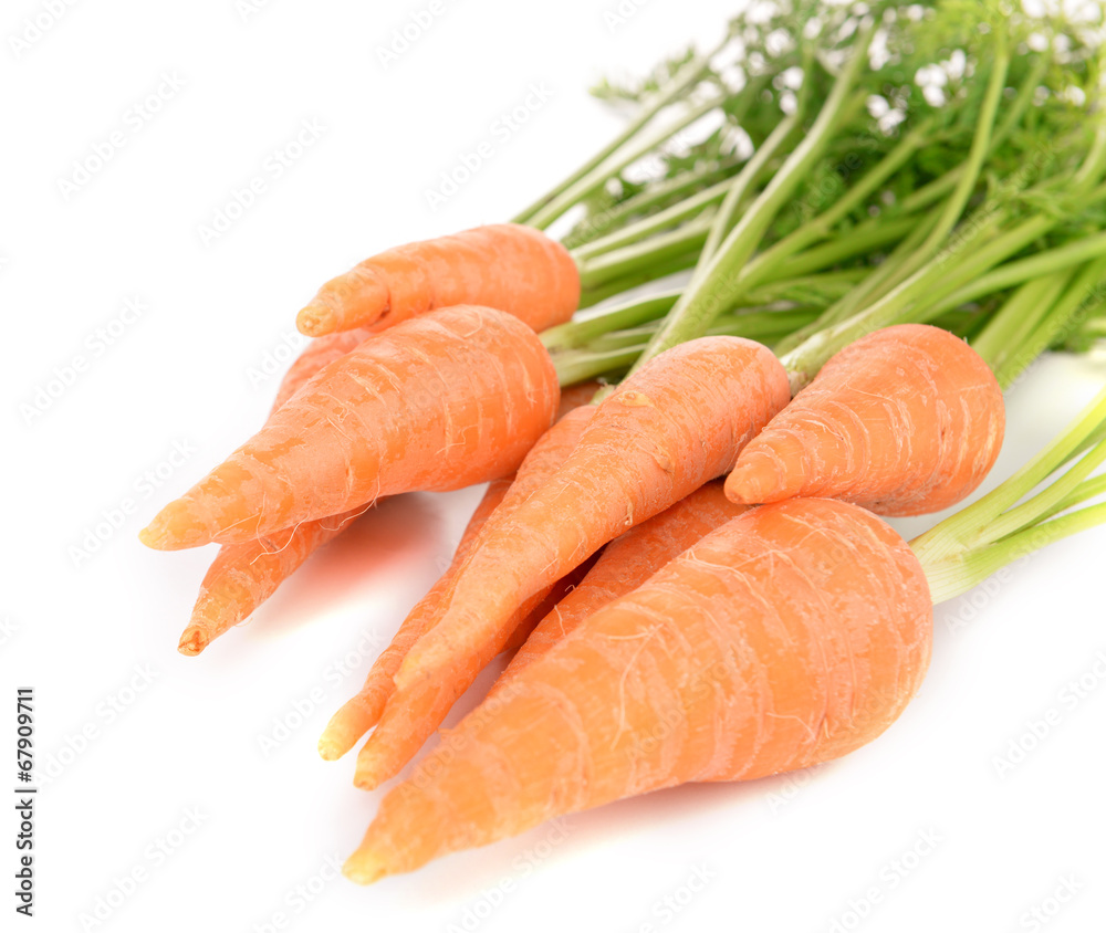 Fresh carrot with leaves isolated on white