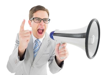 Poster - Geeky businessman shouting through megaphone