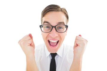 Poster - Geeky young hipster cheering at camera
