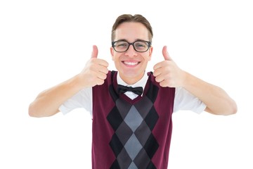 Poster - Smiling geeky hipster looking at camera showing thumbs up
