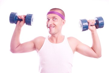 Nerd guy with dumbbells