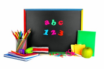 ABC 123 letters on a blackboard with school supplies