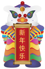 Wall Mural - Chinese New Year Lion Dance with Scroll Illustration