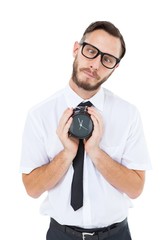 Poster - Geeky businessman holding alarm clock