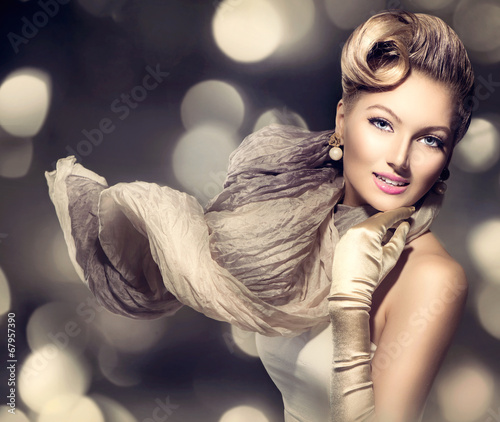 Naklejka nad blat kuchenny Retro Woman Portrait. Beauty Glamour Lady with blowing scarf