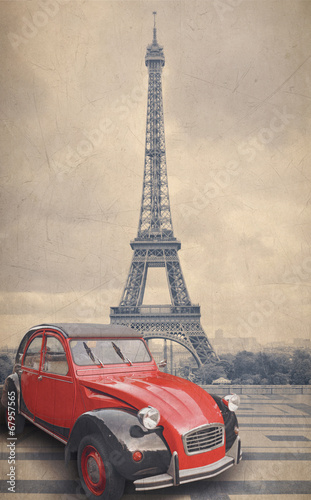 Naklejka na drzwi Eiffel Tower and red car with retro vintage style filter effect.