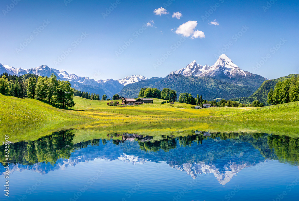 Idyllic summer landscape with mountain lake and Alps - obrazy, fototapety, plakaty 
