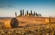 Tuscany landscape with farm house at sunset, Val d'Orcia, Italy