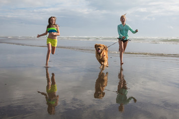 Wall Mural - children running with a golden retriever