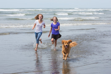 Canvas Print - kids and dog running at the beach