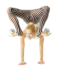 Circus Gymnast Woman Flexible Body Standing On Arms Upside Down,