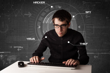 Aufkleber - Young hacker in futuristic enviroment hacking personal informati