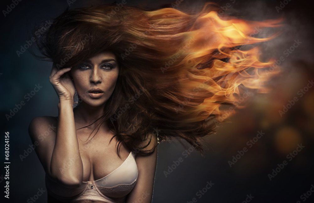 Art portrait of the woman with the flame hairstyle - obrazy, fototapety, plakaty 