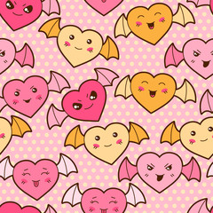 Fototapete - Seamless kawaii cartoon pattern with cute hearts.